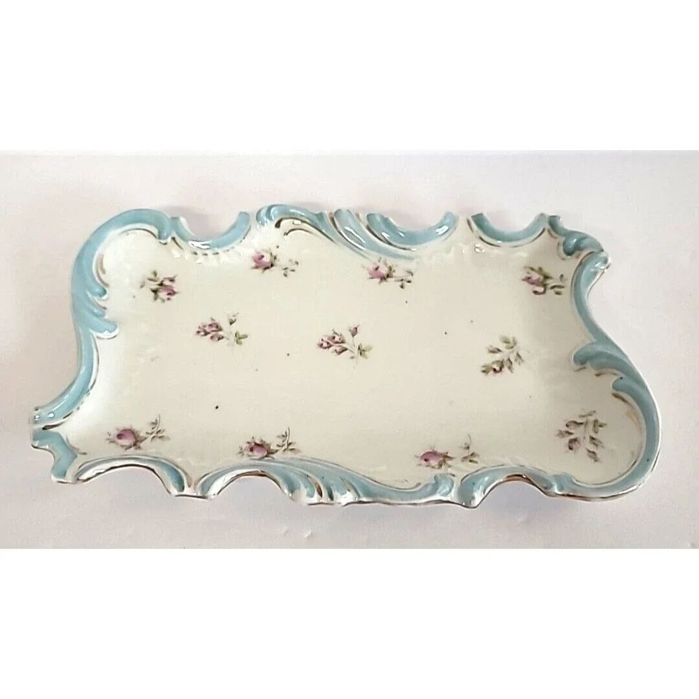 Vintage German Porcelain Tray Design of Small Purple Flowers w/ Blue & Gold Trim